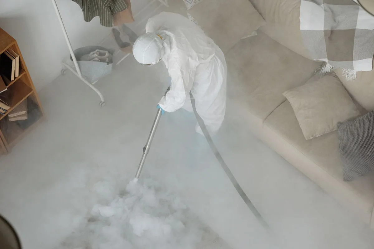 Biohazard cleanup technician in protective equipment, Pendleton, SC